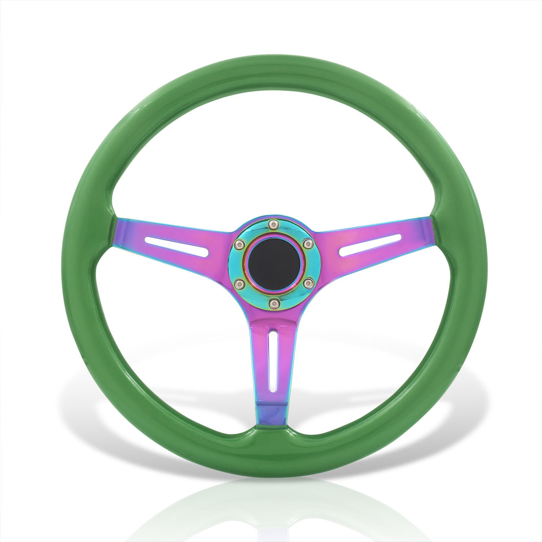 Universal 350mm Wood Grain Style Steel Steering Wheel Neo Chrome Center Green Wood