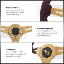 Load image into Gallery viewer, Universal 350mm Heavy Duty Steel Wood Grain Style Steering Wheel Gold Center Dark Wood
