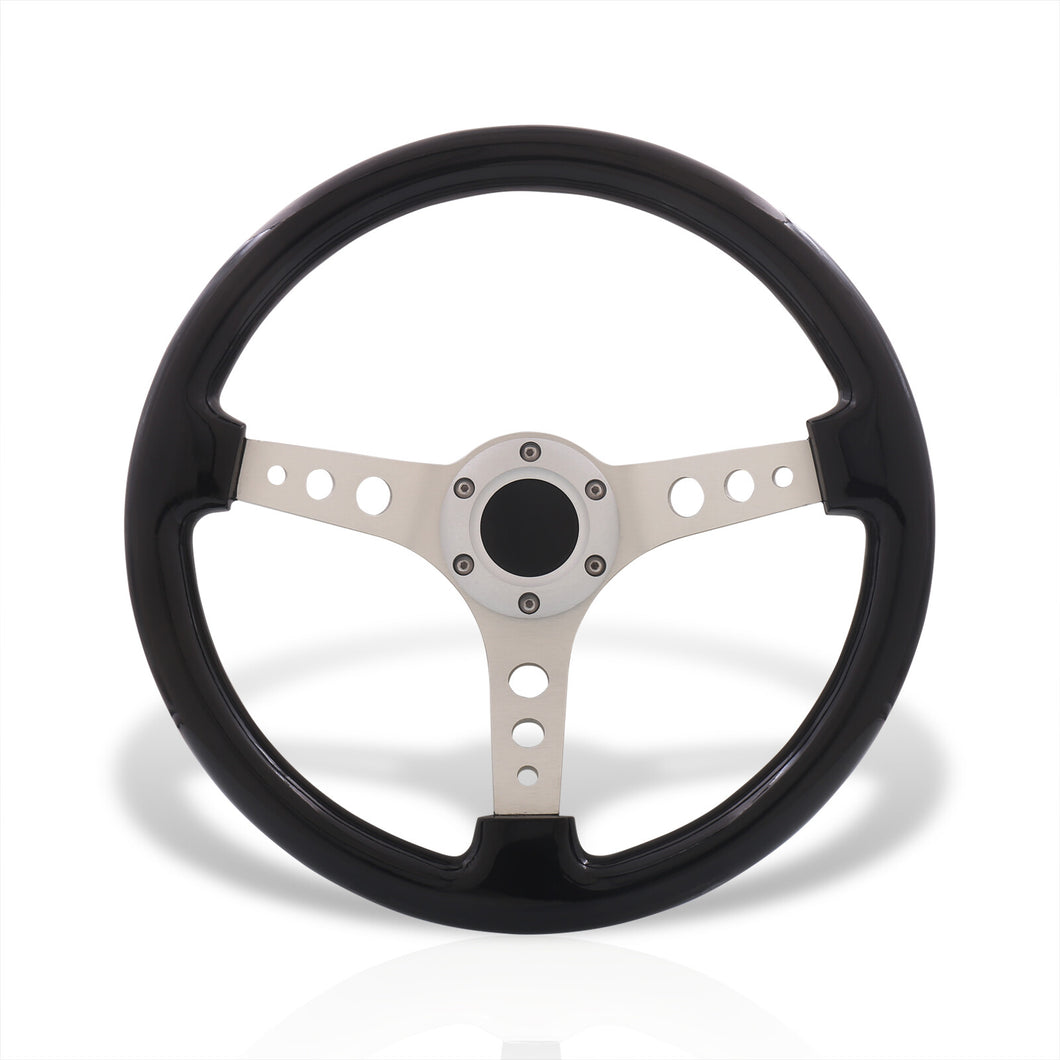 Universal 350mm Wood Grain Style Aluminum Steering Wheel Chrome Center Black Wood
