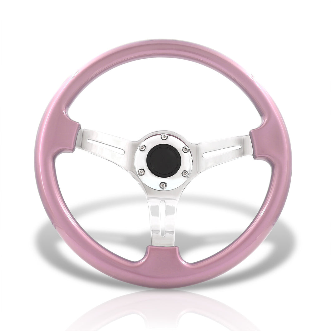 Universal 350mm Heavy Duty Steel Steering Wheel Polished Center Pink