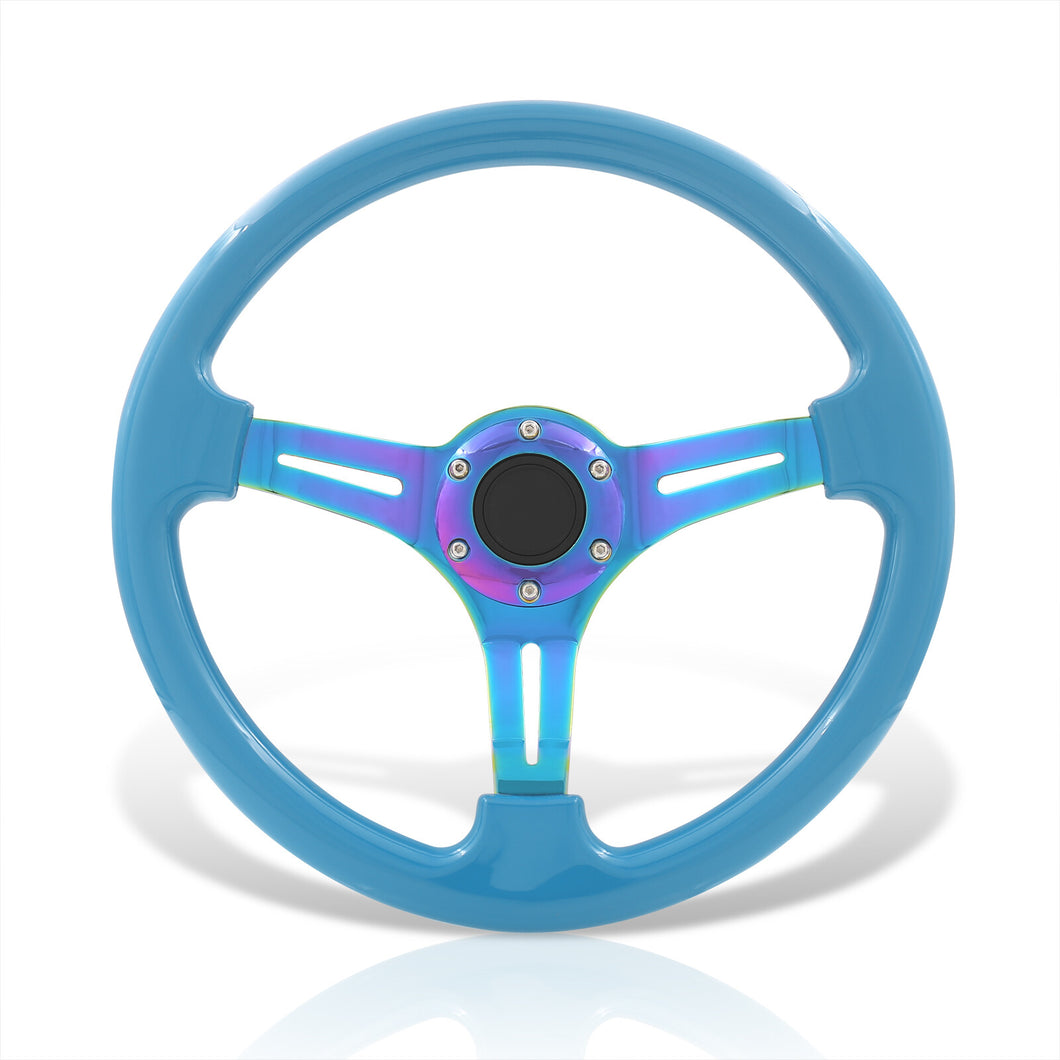 Universal 350mm Heavy Duty Steel Steering Wheel Neo Chrome Center Sky Blue