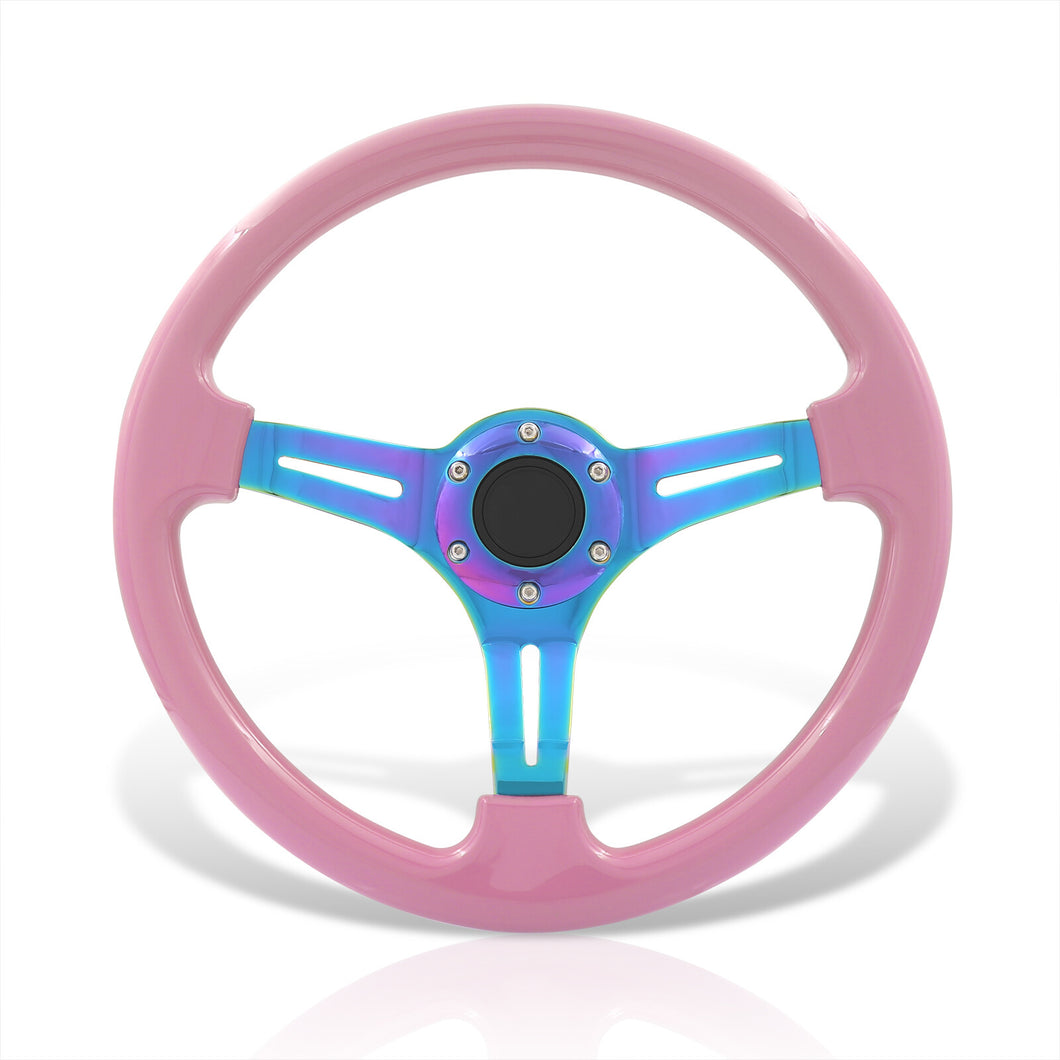 Universal 350mm Heavy Duty Steel Steering Wheel Neo Chrome Center Pink