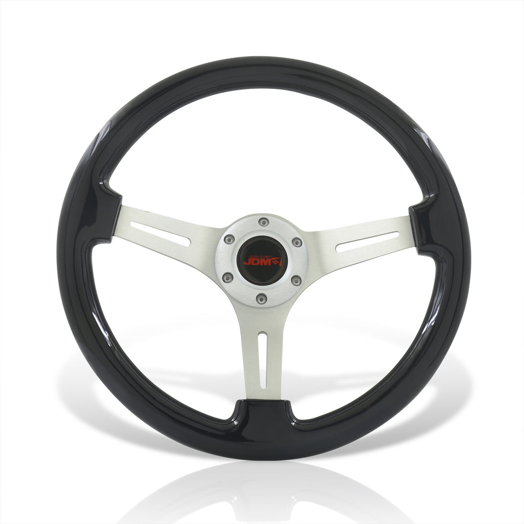 JDM Sport Universal 350mm Wood Grain Style Aluminum Steering Wheel Polished Center Black Wood
