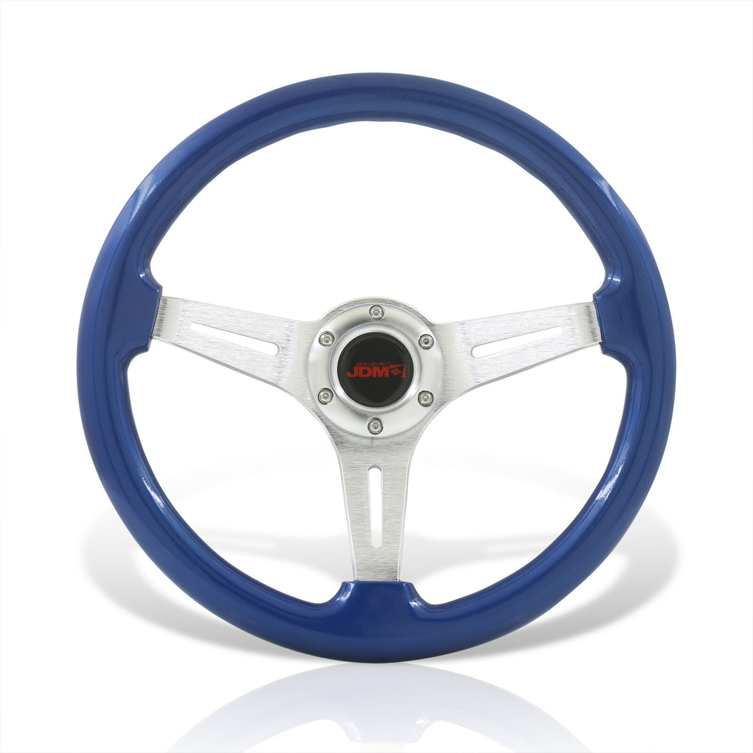 JDM Sport Universal 350mm Wood Grain Style Aluminum Steering Wheel Silver Aluminum Center Blue Wood