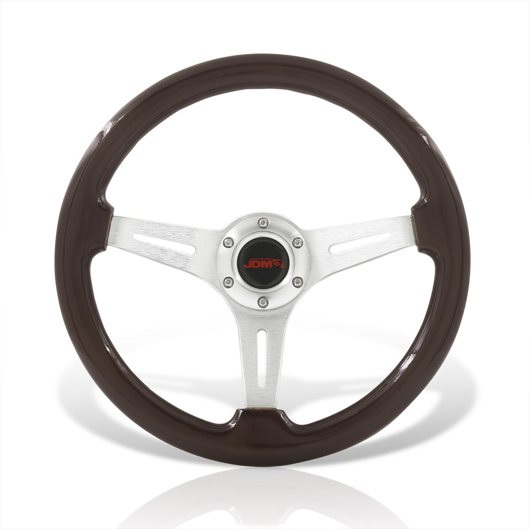 JDM Sport Universal 350mm Wood Grain Style Aluminum Steering Wheel Polished Center Dark Wood