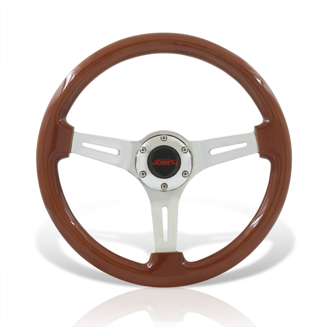 JDM Sport Universal 350mm Wood Grain Style Aluminum Steering Wheel Polished Center Light Wood