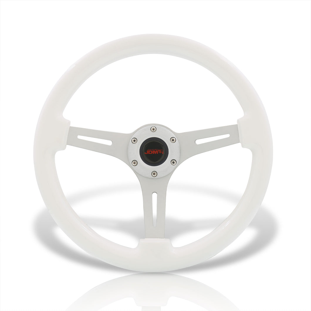 JDM Sport Universal 350mm Wood Grain Style Aluminum Steering Wheel Polished Center White Wood