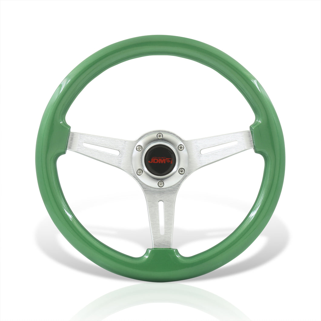 JDM Sport Universal 350mm Wood Grain Style Aluminum Steering Wheel Silver Aluminum Center Green Wood