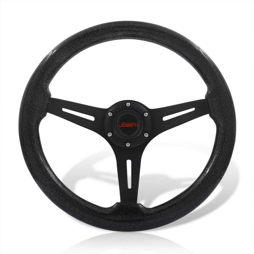 JDM Sport Universal 350mm Wood Grain Style Aluminum Steering Wheel Black Center Metallic Black Wood