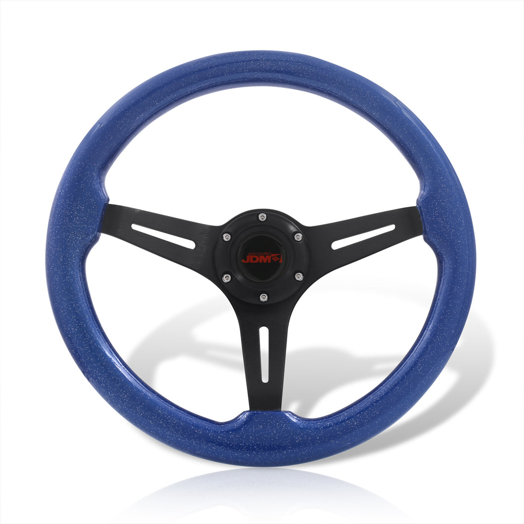 JDM Sport Universal 350mm Wood Grain Style Aluminum Steering Wheel Black Center Metallic Blue Wood
