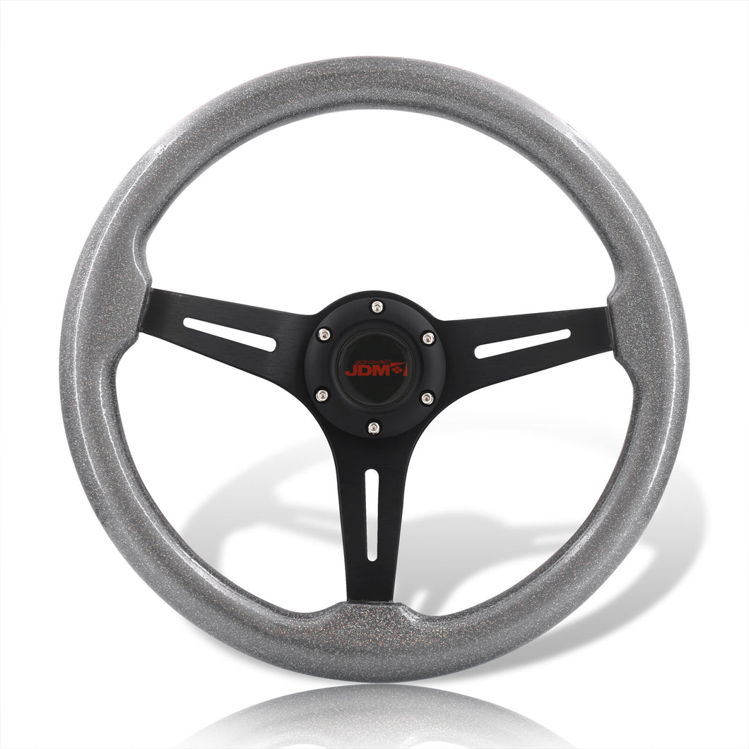 JDM Sport Universal 350mm Wood Grain Style Aluminum Steering Wheel Black Center Metallic Gunmetal Wood