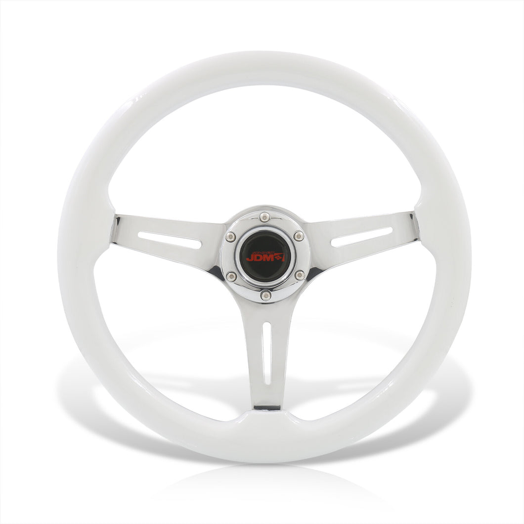 JDM Sport Universal 350mm Heavy Duty Steel Wood Grain Style Steering Wheel Polished Center White Wood