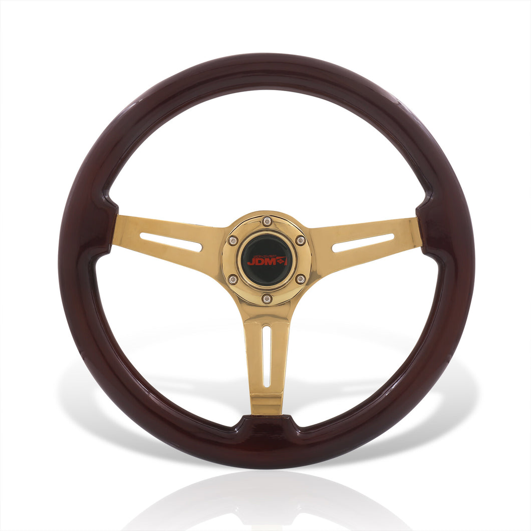 JDM Sport Universal 350mm Heavy Duty Steel Wood Grain Style Steering Wheel Gold Center Dark Wood