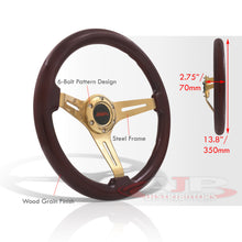 Load image into Gallery viewer, JDM Sport Universal 350mm Heavy Duty Steel Wood Grain Style Steering Wheel Gold Center Dark Wood
