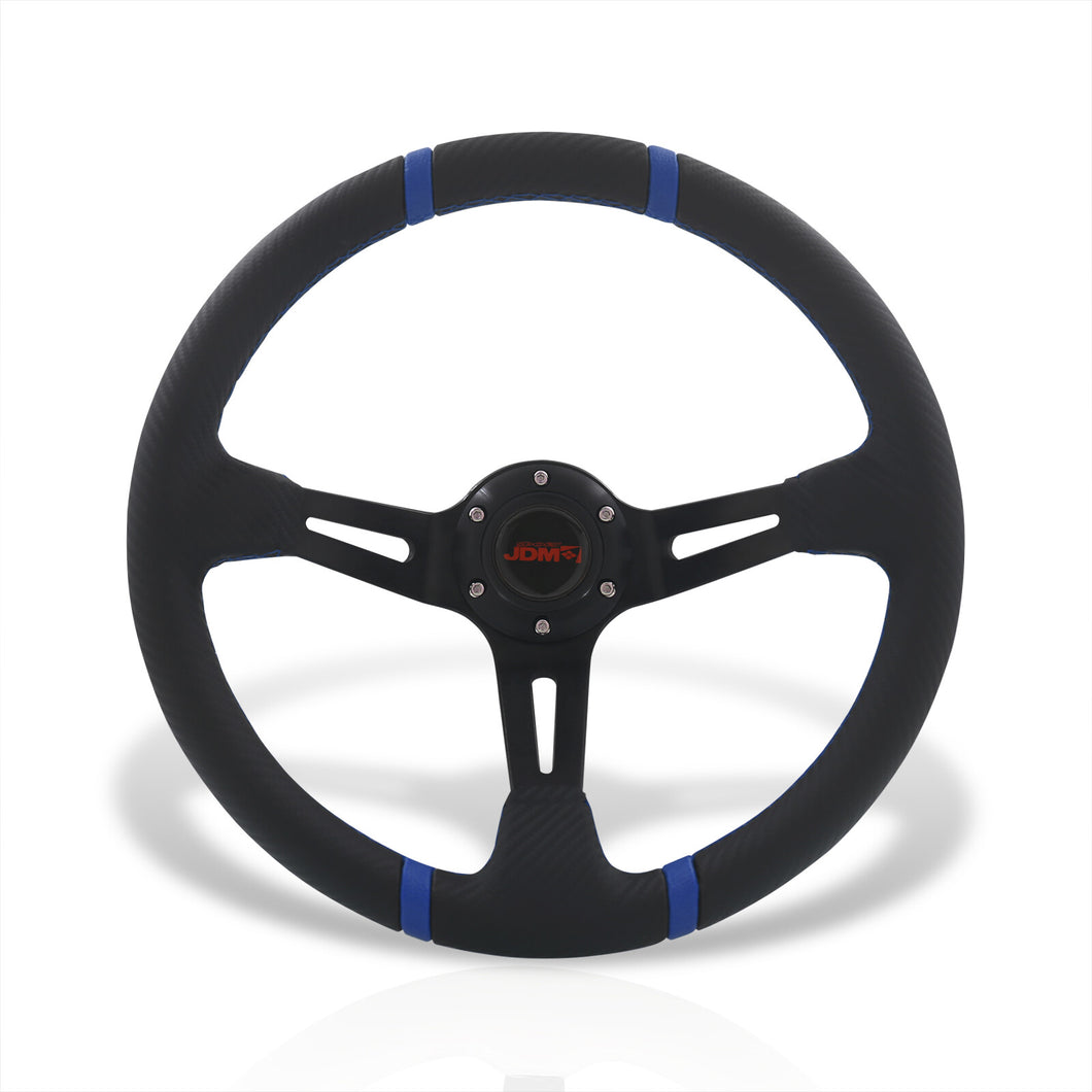 JDM Sport Universal 350mm PVC Leather Deep Dish Style Aluminum Steering Wheel Carbon Fiber Wrapped with Blue Stripes