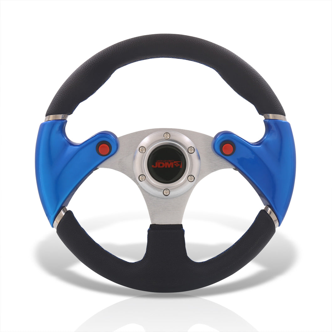 JDM Sport Universal 320mm Dual Button Style Aluminum Steering Wheel Silver Center with Blue Handles