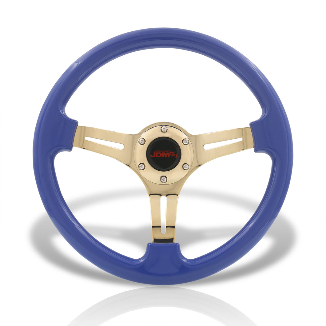 JDM Sport Universal 350mm Heavy Duty Steel Steering Wheel Gold Center Metallic Blue