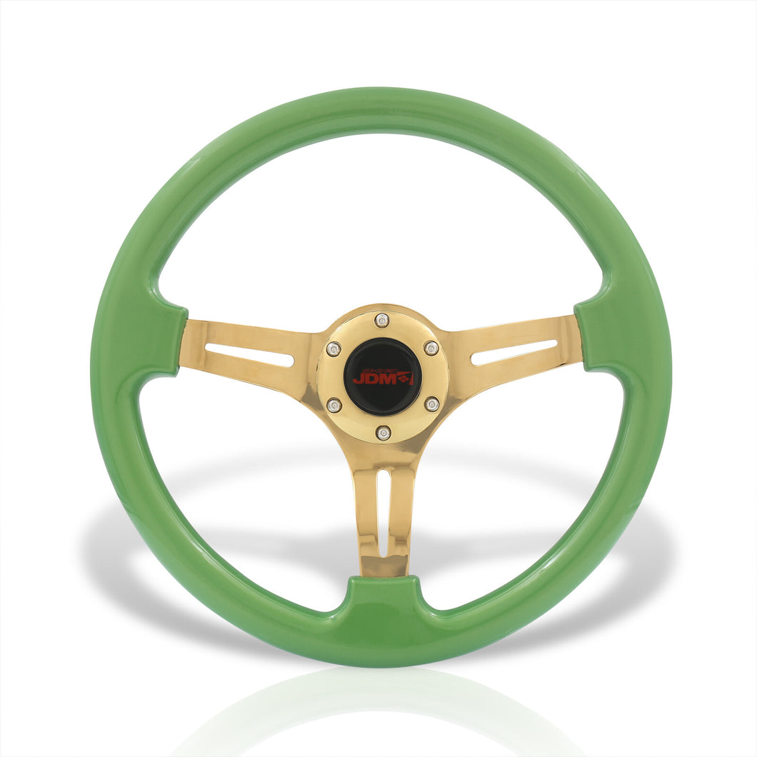 JDM Sport Universal 350mm Heavy Duty Steel Steering Wheel Gold Center Metallic Green