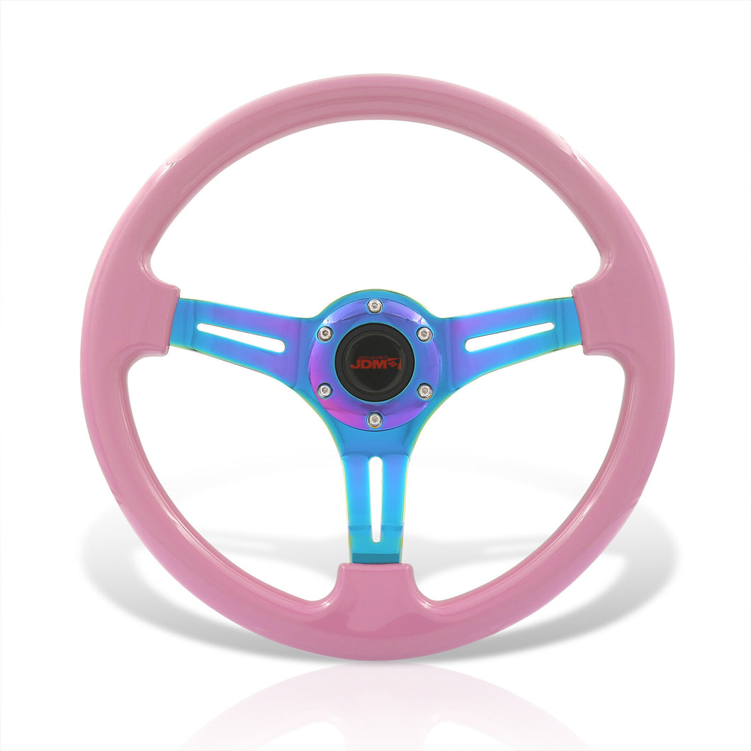 JDM Sport Universal 350mm Heavy Duty Steel Steering Wheel Neo Chrome Center Pink