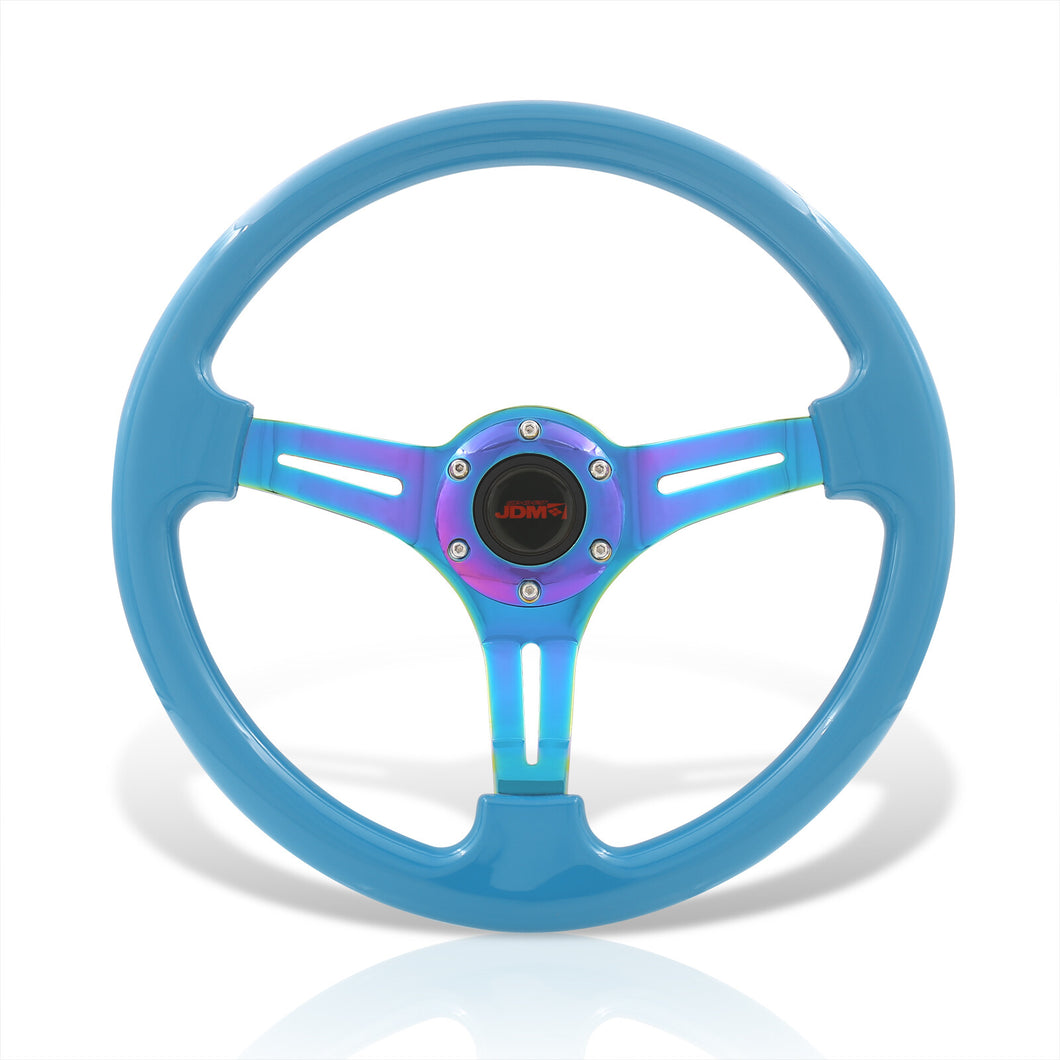 JDM Sport Universal 350mm Heavy Duty Steel Steering Wheel Neo Chrome Center Sky Blue
