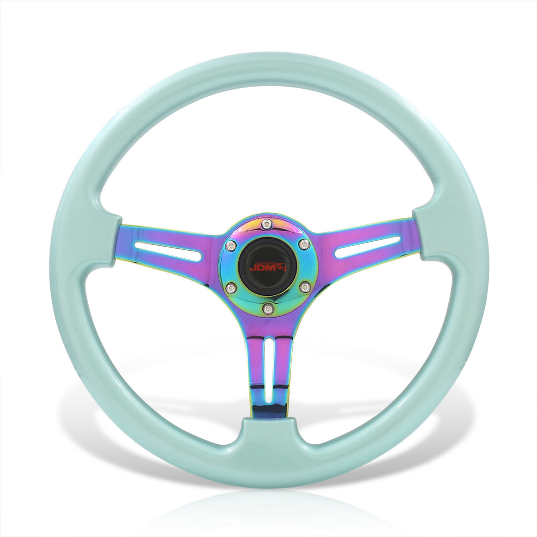 JDM Sport Universal 350mm Heavy Duty Steel Steering Wheel Neo Chrome Center Teal