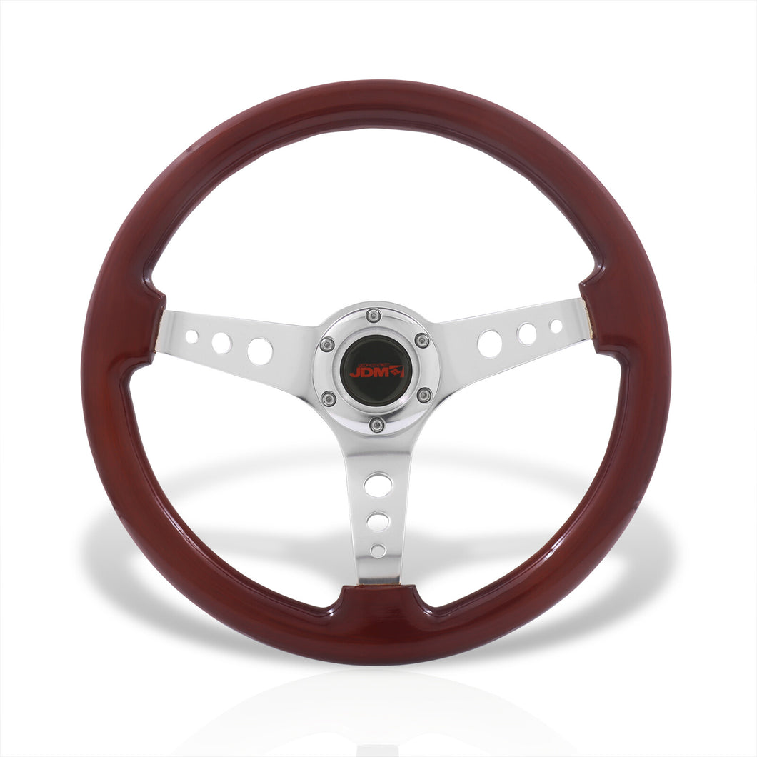 JDM Sport Universal 350mm Wood Grain Style Aluminum Steering Wheel Polished Center Dark Wood