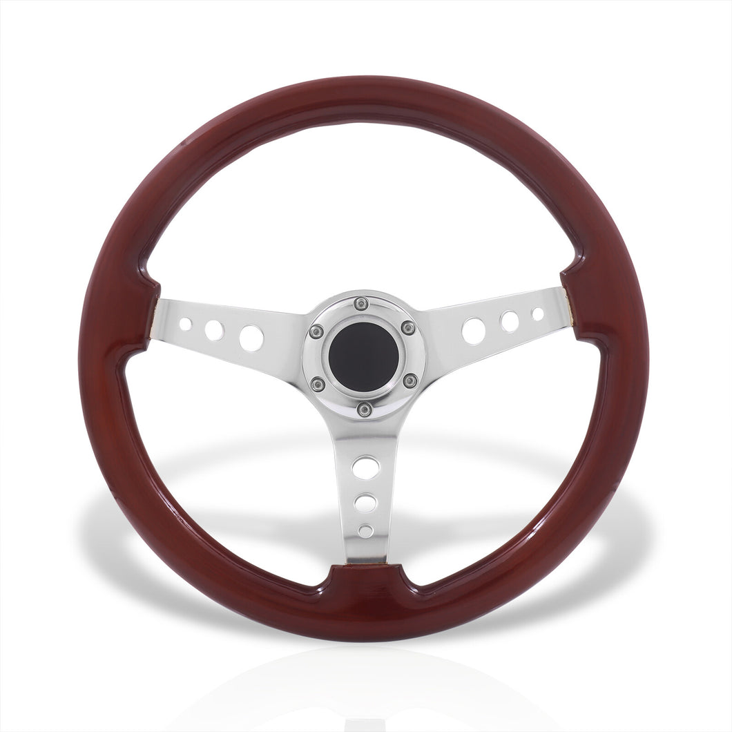 Universal 350mm Wood Grain Style Aluminum Steering Wheel Chrome Center Dark Wood
