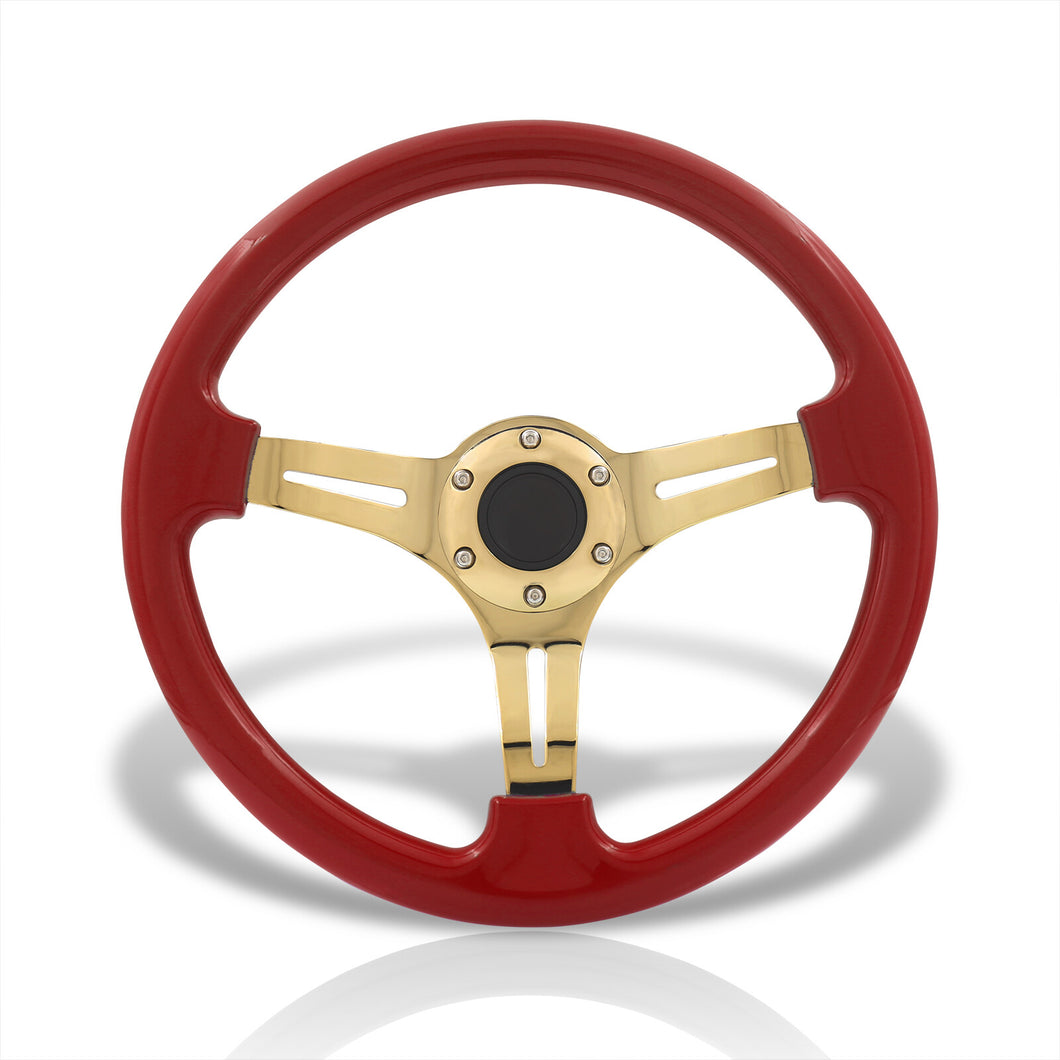 Universal 350mm Heavy Duty Steel Steering Wheel Gold Center Metallic Red