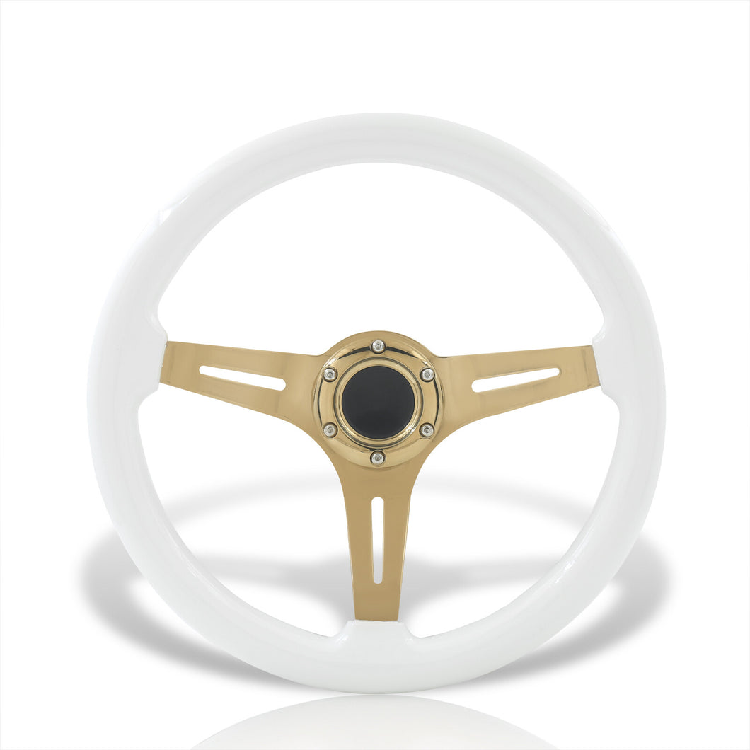 Universal 350mm Heavy Duty Steel Wood Grain Style Steering Wheel Gold Center White Wood