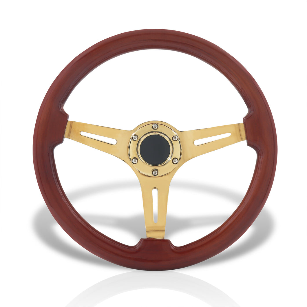 Universal 350mm Heavy Duty Steel Wood Grain Style Steering Wheel Gold Center Light Wood