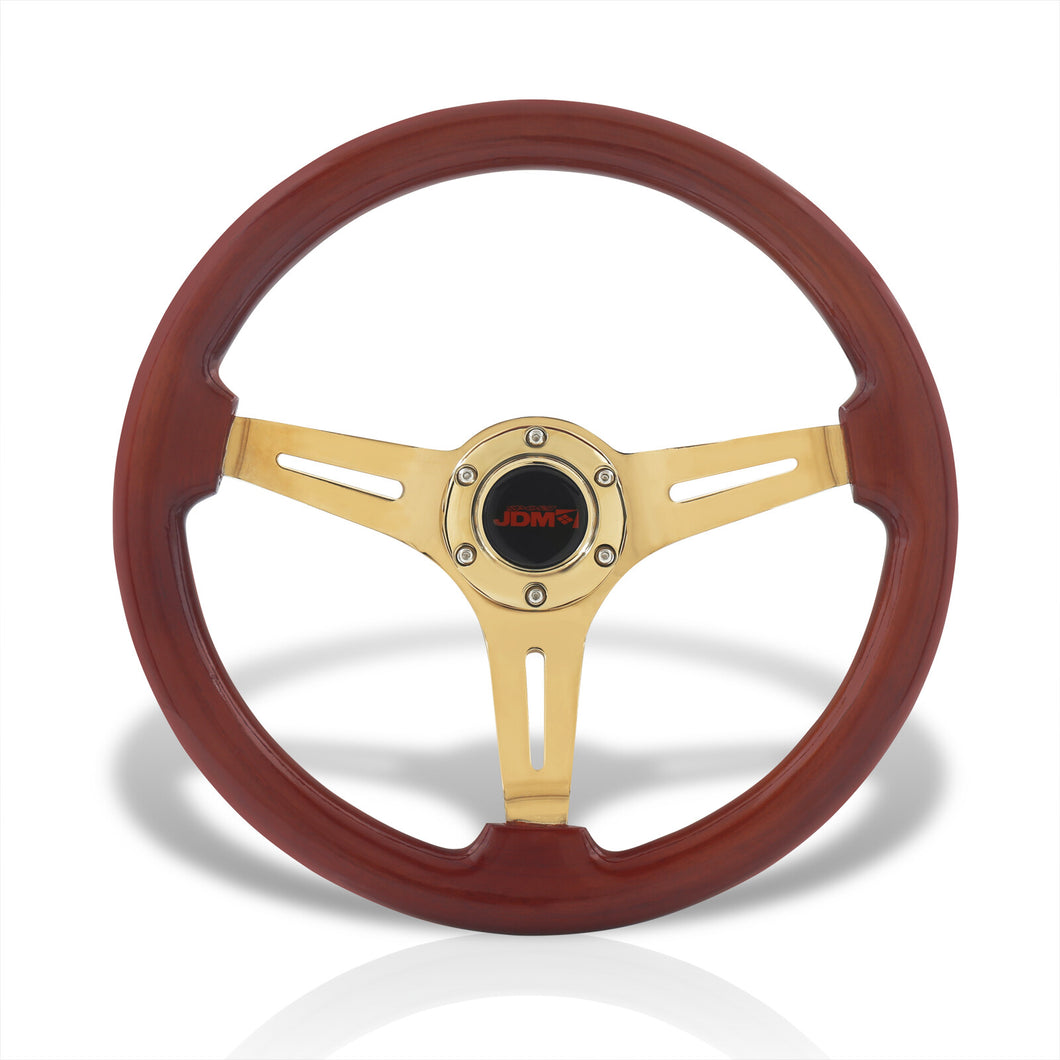 JDM Sport Universal 350mm Heavy Duty Steel Wood Grain Style Steering Wheel Gold Center Light Wood