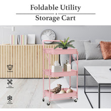 Load image into Gallery viewer, 3 Tier Metal Folding Utility Rolling Storage Cart Pink
