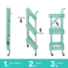 Load image into Gallery viewer, 3 Tier Metal Folding Utility Rolling Storage Cart Teal
