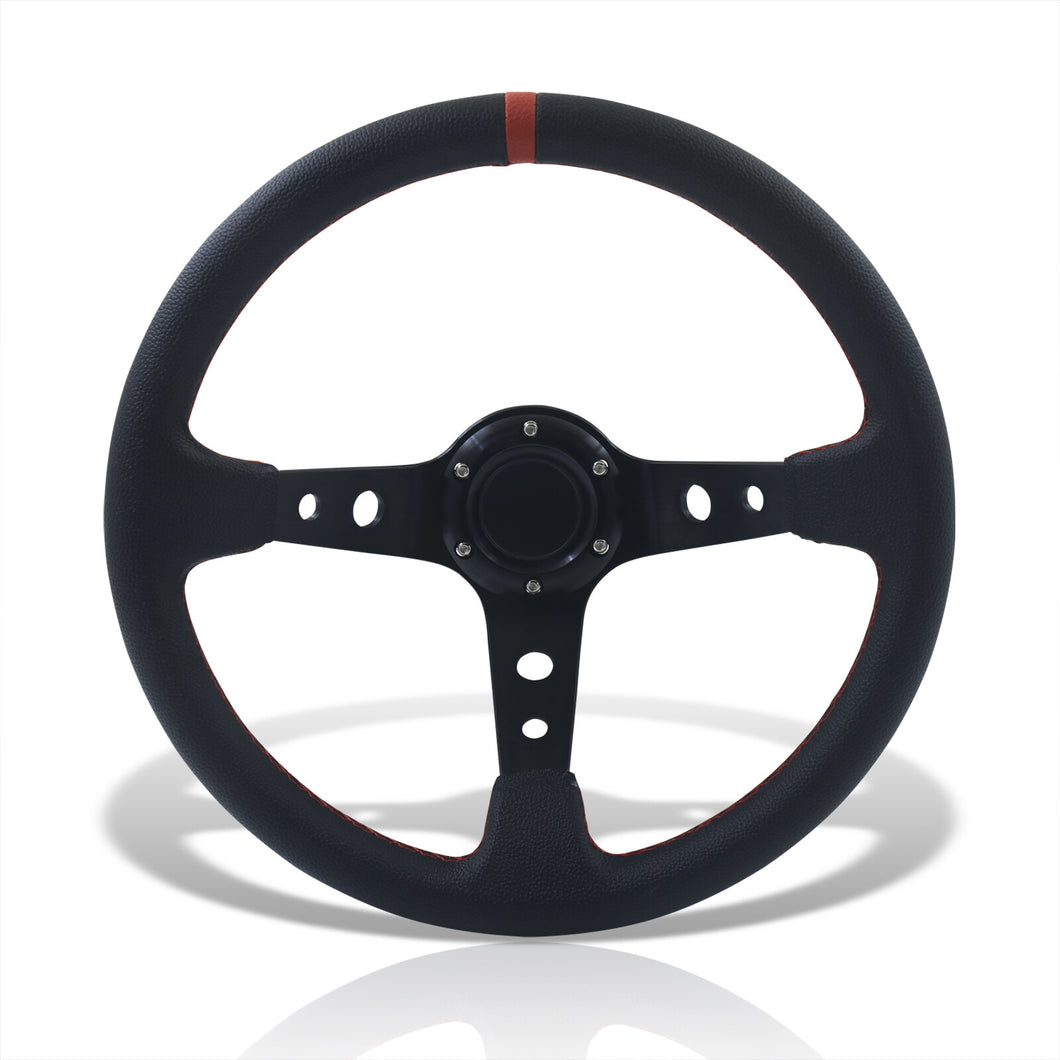 Universal 350mm PVC Leather Deep Dish Style Aluminum Steering Wheel Black Center with Red Stitching