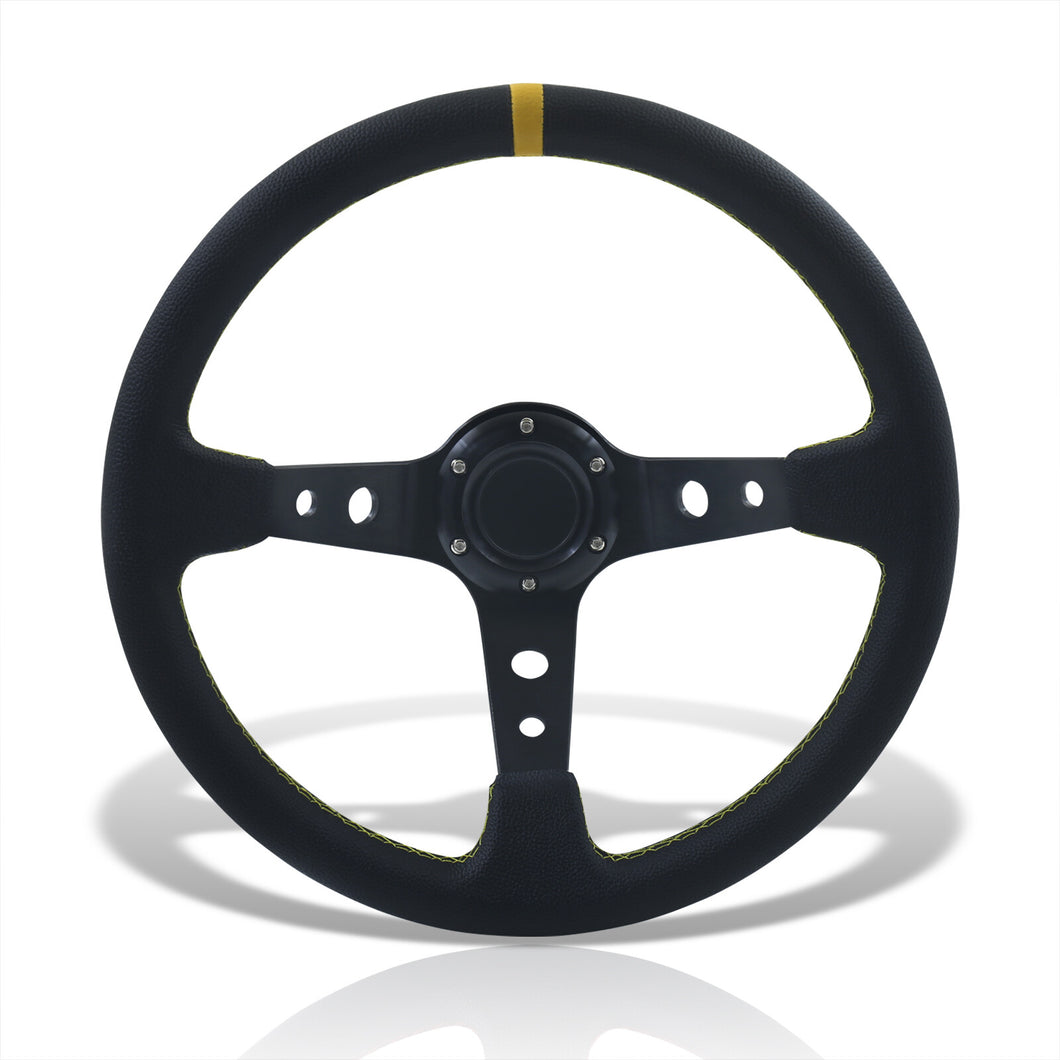 Universal 350mm PVC Leather Deep Dish Style Aluminum Steering Wheel Black Center with Yellow Stitching