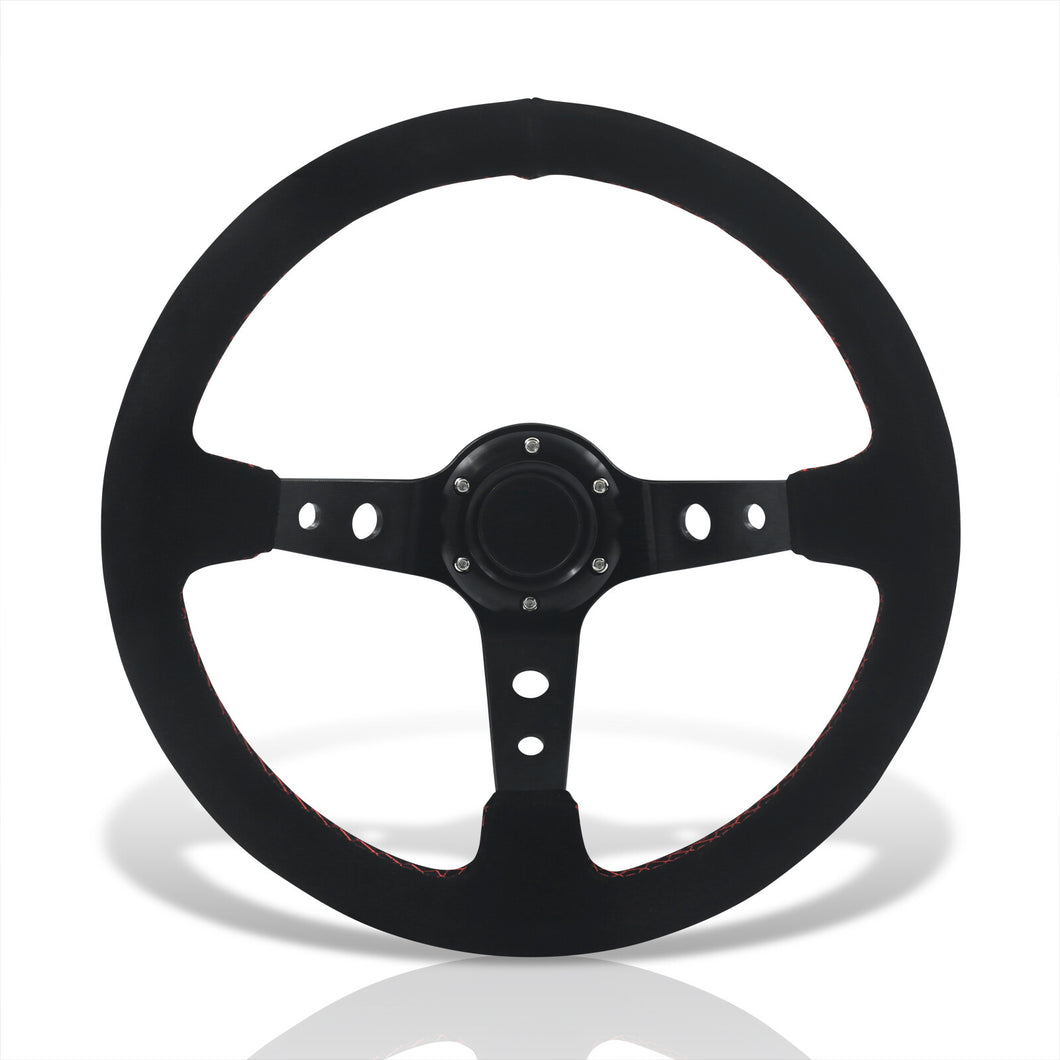 Universal 350mm Suede Deep Dish Style Aluminum Steering Wheel Black with Red Stitching