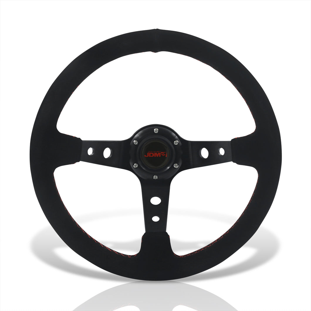JDM Sport Universal 350mm Suede Deep Dish Style Aluminum Steering Wheel Black with Red Stitching