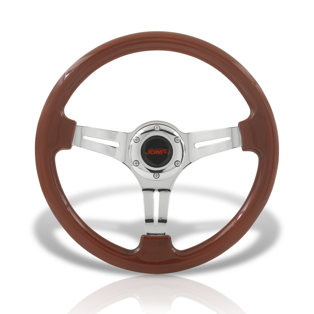 JDM Sport Universal 350mm Heavy Duty Steel Steering Wheel Polished Center Wood Style
