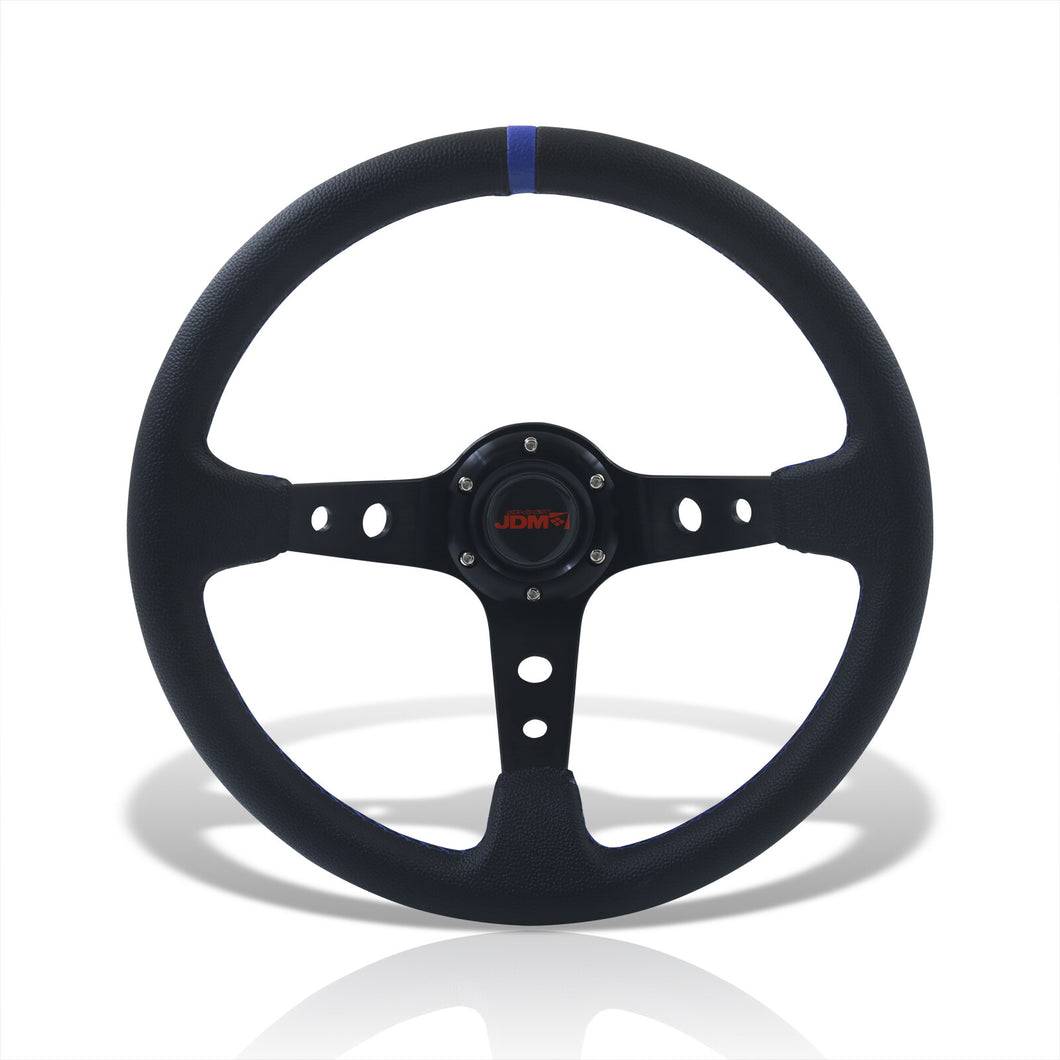 JDM Sport Universal 350mm PVC Leather Deep Dish Style Aluminum Steering Wheel Black Center with Blue Stitching