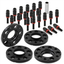 Load image into Gallery viewer, Universal 4 Piece Wheel Spacers + Extended Lug Nut Bolts Black - PCD: 5x120 | Thread Pitch: M12x1.5 | Bore: 72.56mm | Thickness: 15mm | Lug Nuts: 40mm
