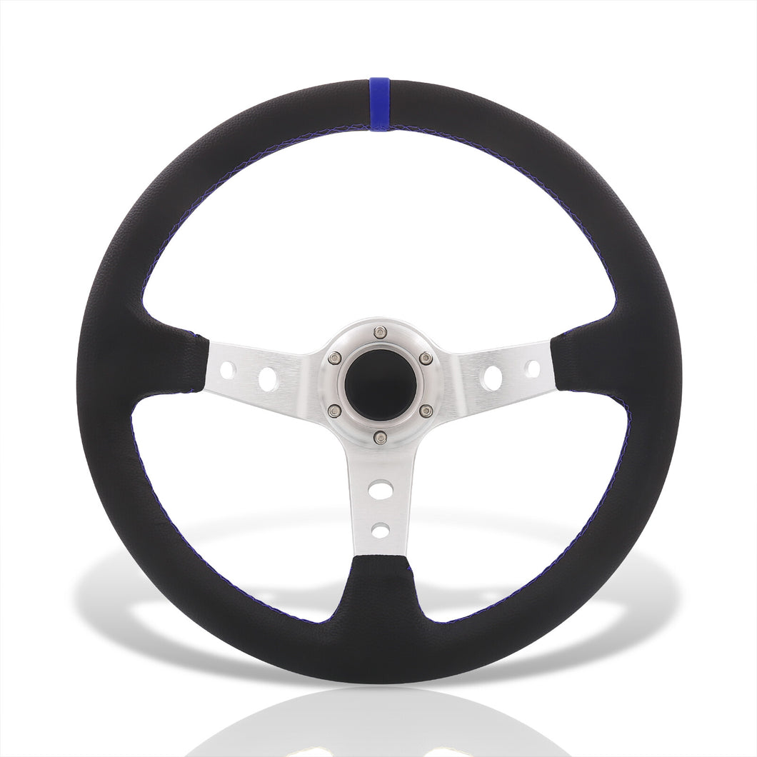 Universal 350mm PVC Leather Deep Dish Style Aluminum Steering Wheel Silver Center with Blue Stitching