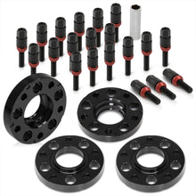 Load image into Gallery viewer, Universal 4 Piece Wheel Spacers + Extended Lug Nut Bolts Black - PCD: 5x120 | Thread Pitch: M12x1.5 | Bore: 72.56mm | Thickness: 20mm | Lug Nuts: 45mm
