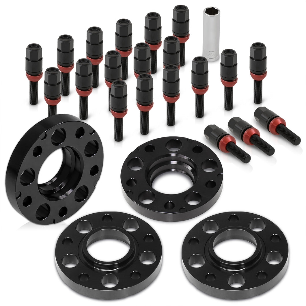 Universal 4 Piece Wheel Spacers + Extended Lug Nut Bolts Black - PCD: 5x120 | Thread Pitch: M12x1.5 | Bore: 72.56mm | Thickness: 20mm | Lug Nuts: 45mm