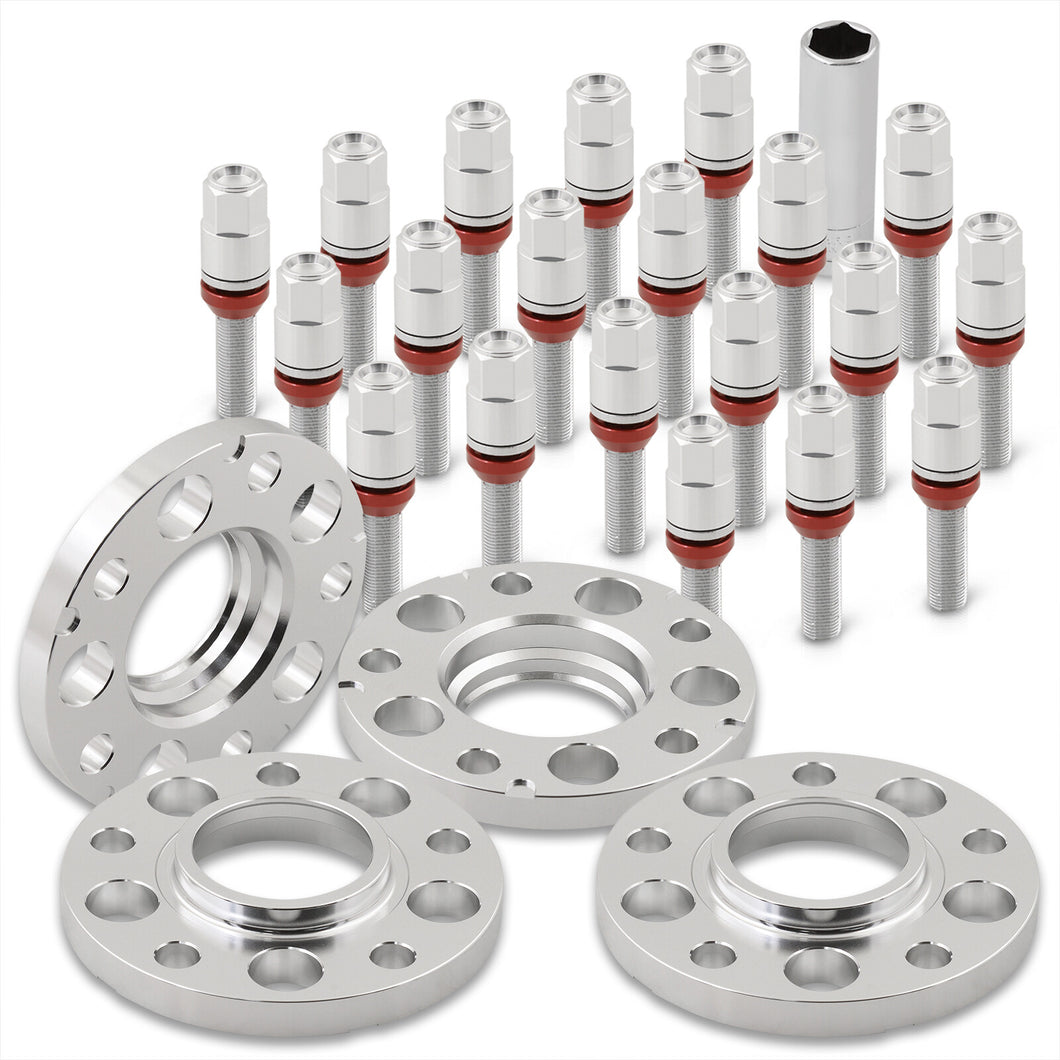Universal 4 Piece Wheel Spacers + Extended Lug Nut Bolts Silver - PCD: 5x120 | Thread Pitch: M12x1.5 | Bore: 72.56mm | Thickness: 15mm & 20mm | Lug Nuts: 40mm & 45mm