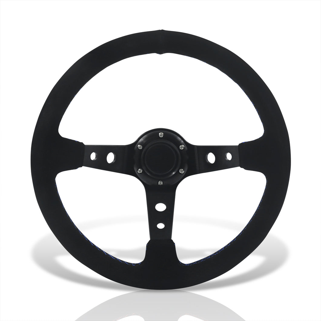 Universal 350mm Suede Deep Dish Style Aluminum Steering Wheel Black with Blue Stitching