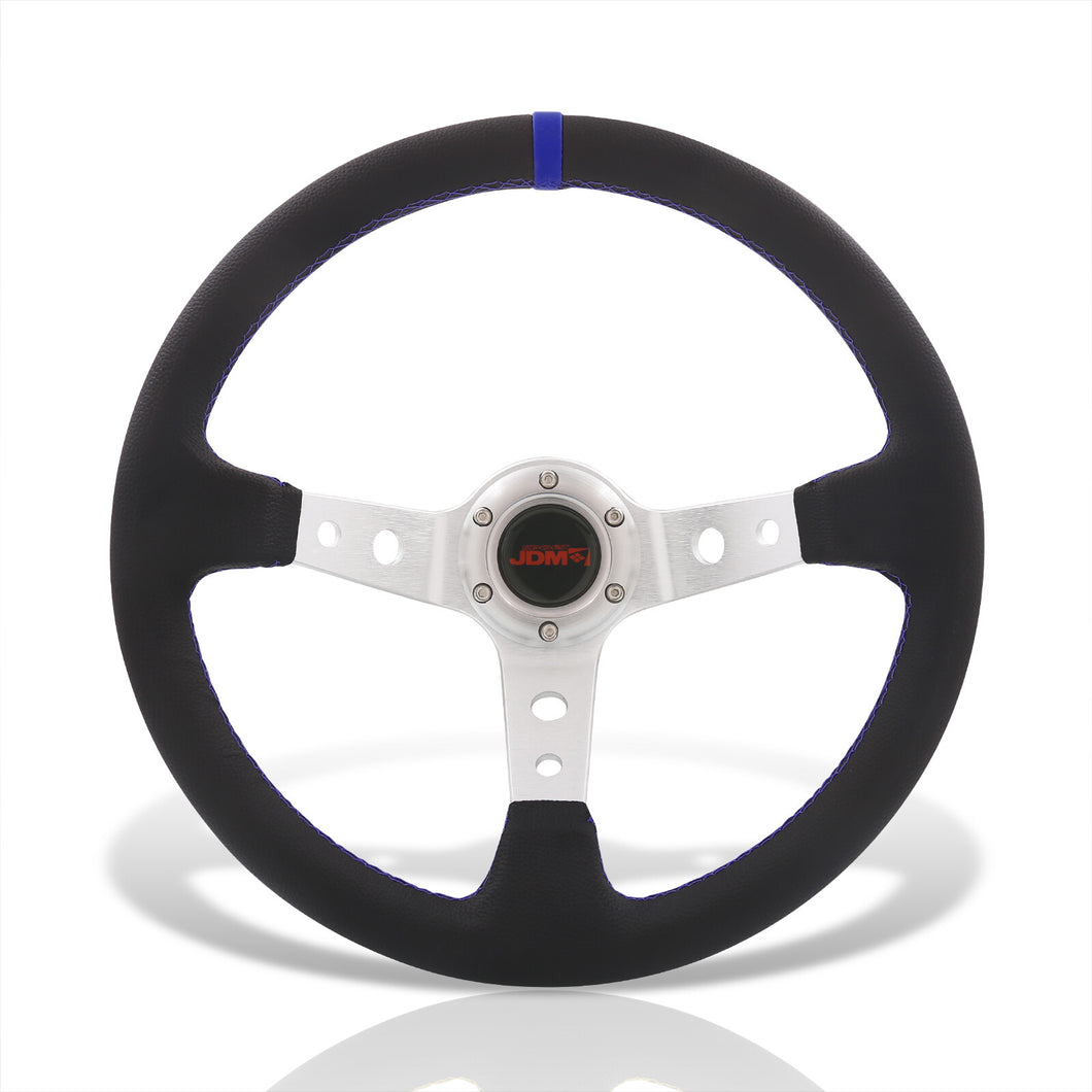 JDM Sport Universal 350mm PVC Leather Deep Dish Style Aluminum Steering Wheel Silver Center with Blue Stitching