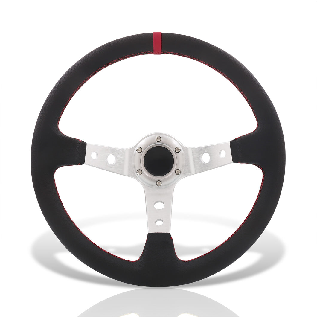 Universal 350mm PVC Leather Deep Dish Style Aluminum Steering Wheel Silver Center with Red Stitching