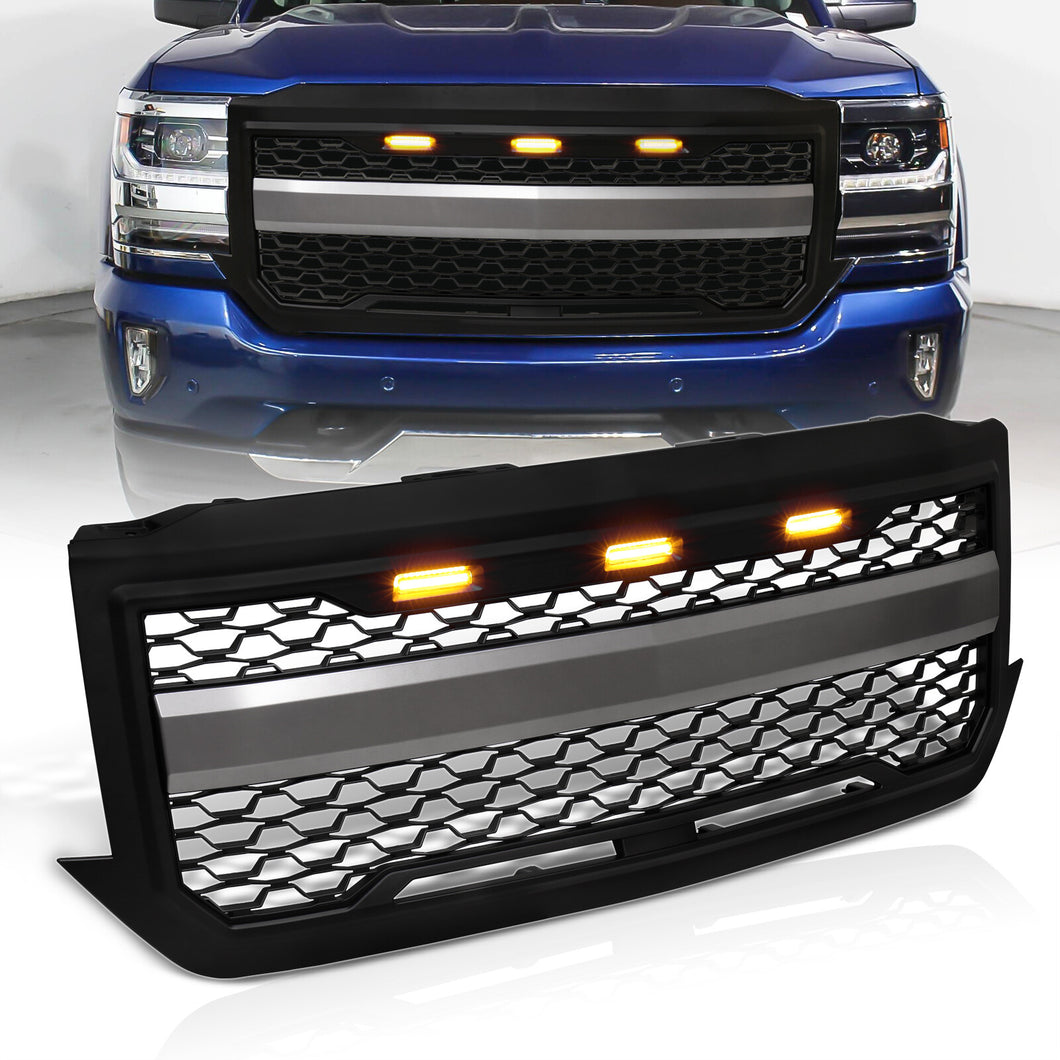Chevrolet Silverado 1500 2016-2018 Front Grille Black with Amber LED DRL Running Lights