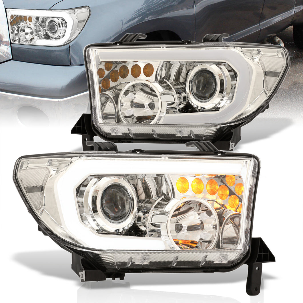 Toyota Tundra 2007-2013 / Sequoia 2008-2017 LED DRL Bar Projector Headlights Chrome Housing Clear Len Clear Reflector