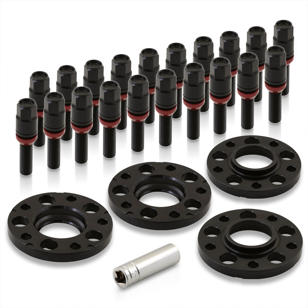Universal 4 Piece Wheel Spacers + Extended Lug Nut Bolts Black - PCD: 5x120 | Thread Pitch: M14x1.25 | Bore: 72.56mm | Thickness: 15mm | Lug Nuts: 40mm